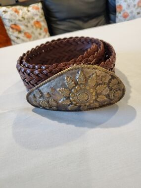 Streets Ahead Brown Braided Leather Belt with Ornate Gold Metal Buckle